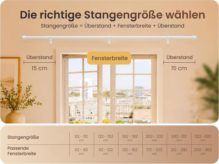 MEISENBERG Gardinenstange Ausziehbar Weiss, Wandmontage Set mit Halterungen Weiss 82-112 cm, Weiss 8