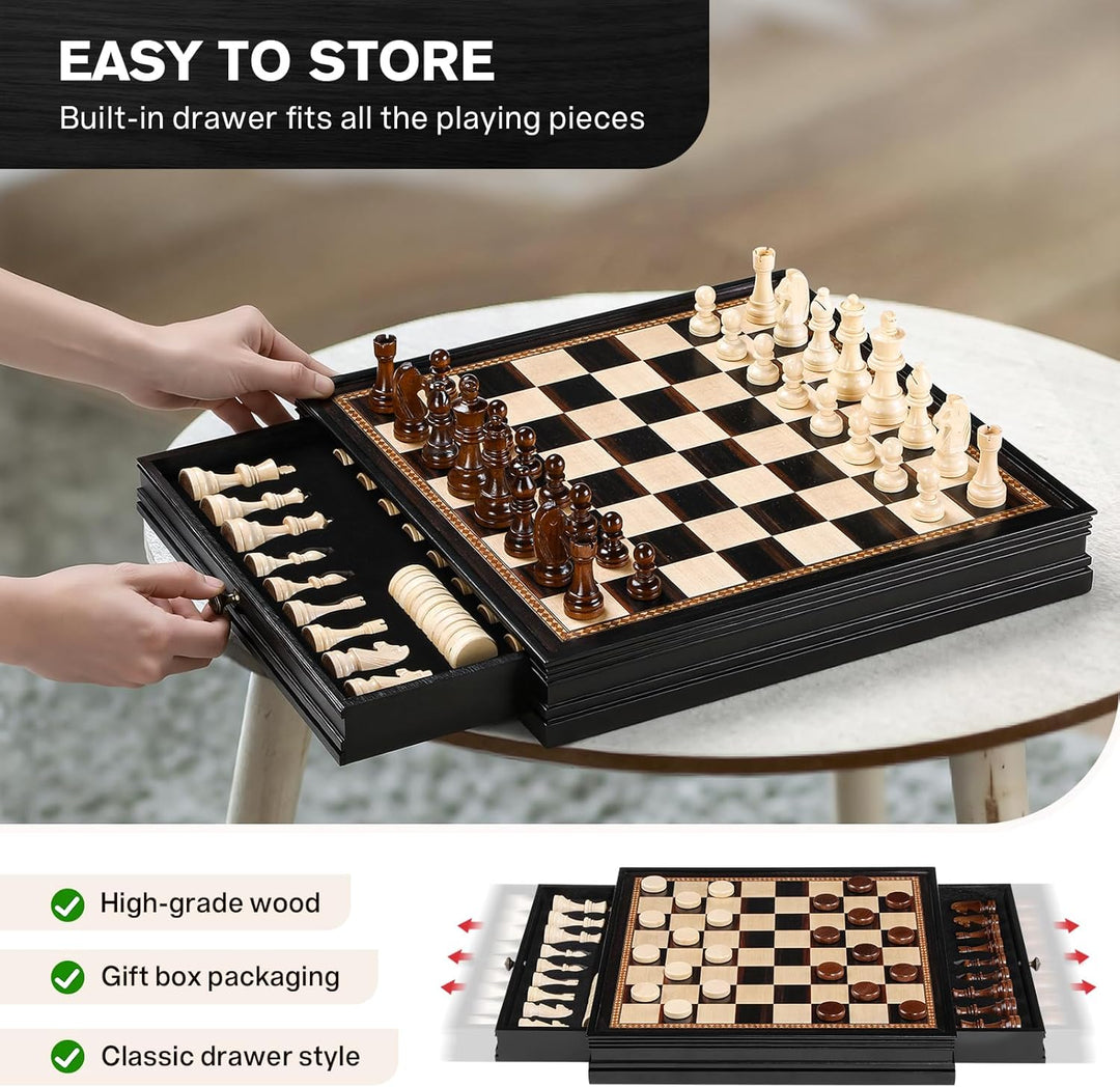 Peradix Schach Dame Spiel 2 in 1 Magnetisch Schachspiel aus Holz, 38 cm Schachbrett mit Aufbewahrung