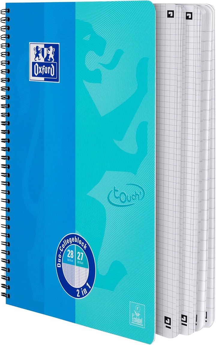 Oxford Touch Collegeblock Duo A4 kariert und liniert, 80 Blatt, blau, 3 Stück, Blau