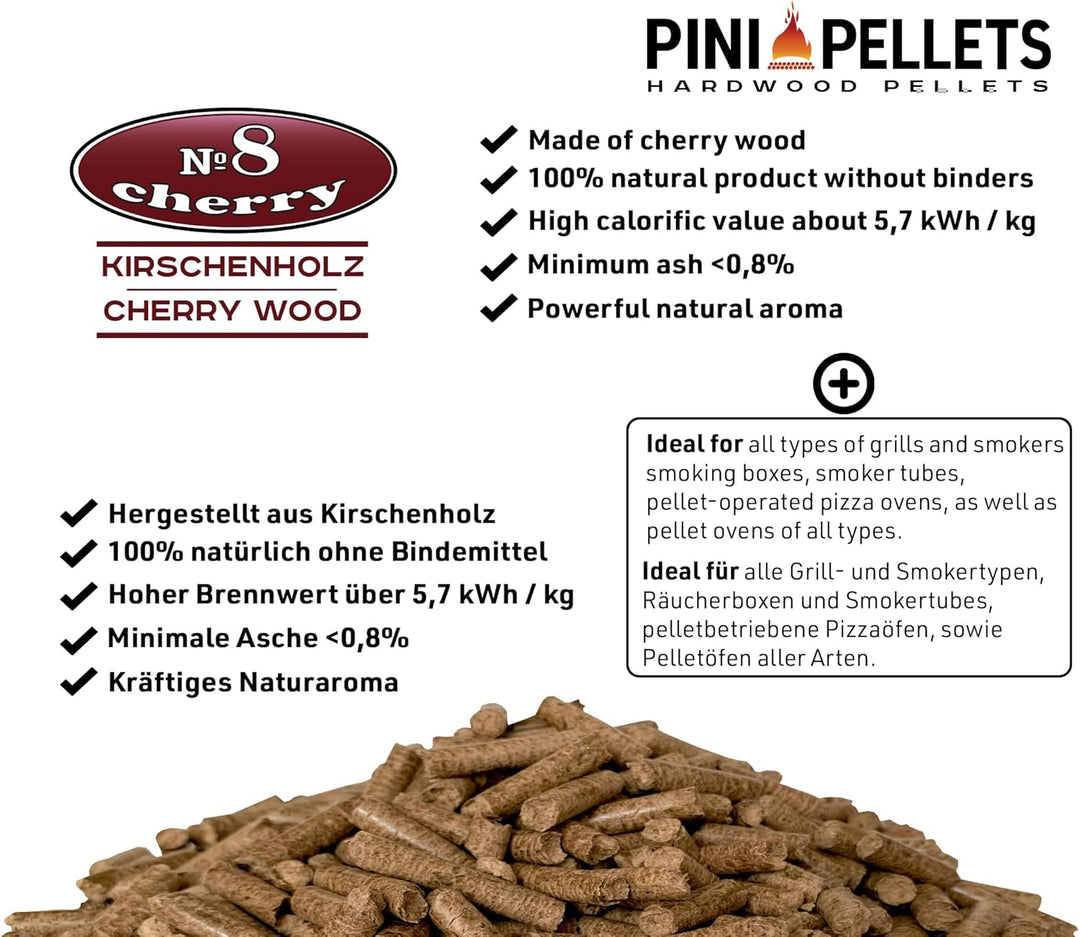 PINI Grillpellets № 8 Kirsche 10 kg BBQ Hartholzpellets zum Grillen Räuchern Smoken