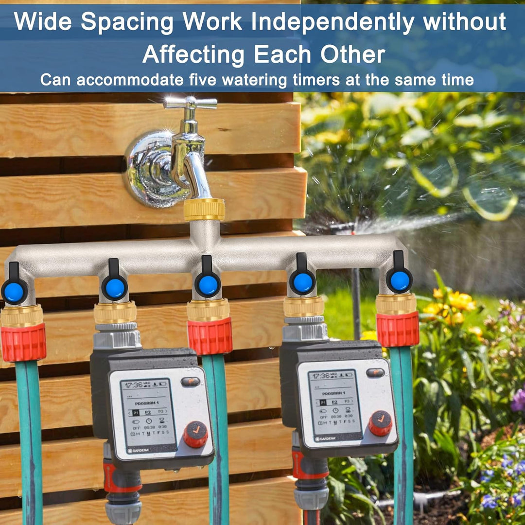 5-Wege Wasserhahn Wasserverteiler aus Messing für 5 Geräte/Gartenschläuche, 5er Verteiler 3/4" Adapt