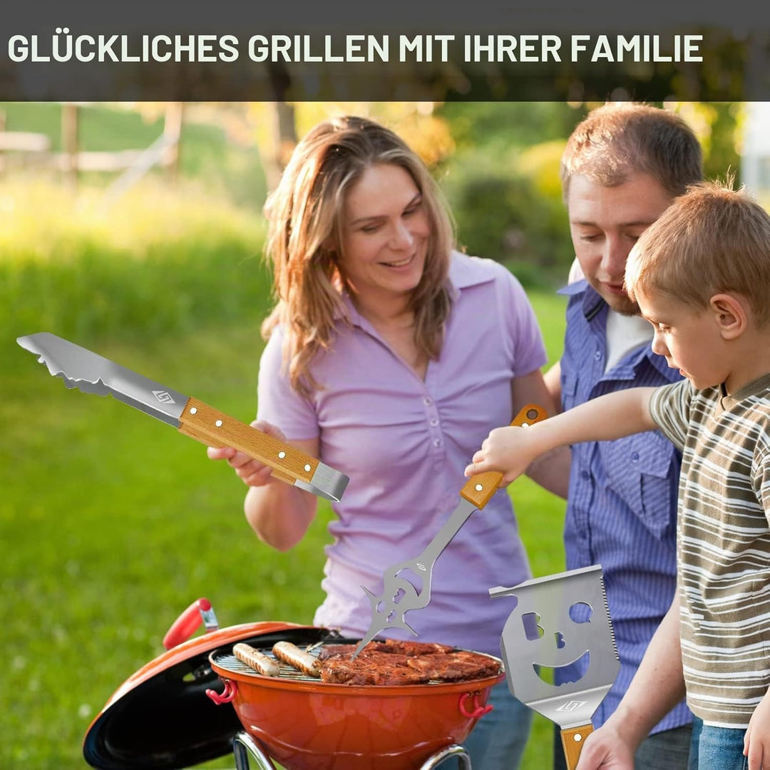 STEVEN-BULL S Grillbesteck-Set 3-TLG. Extra Langes Grillwerkzeug, Edelstahl Holzgriff, Grillzubehör