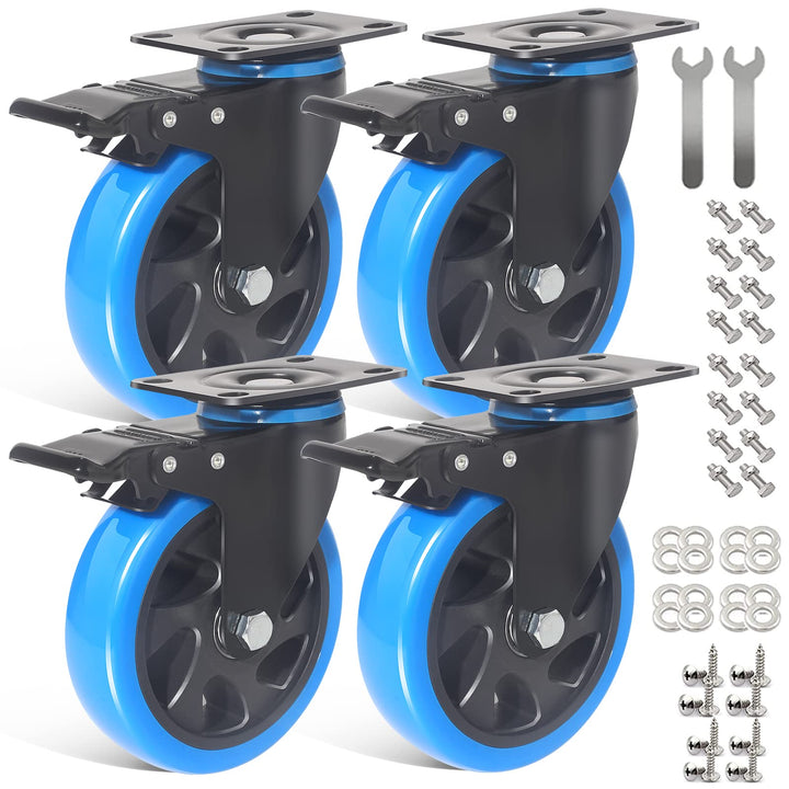 125MM Schwerlastrollen mit Bremse, 4 Stück Lenkrollen für Möbel, 360°Drehbar PU Möbelrollen Transpor