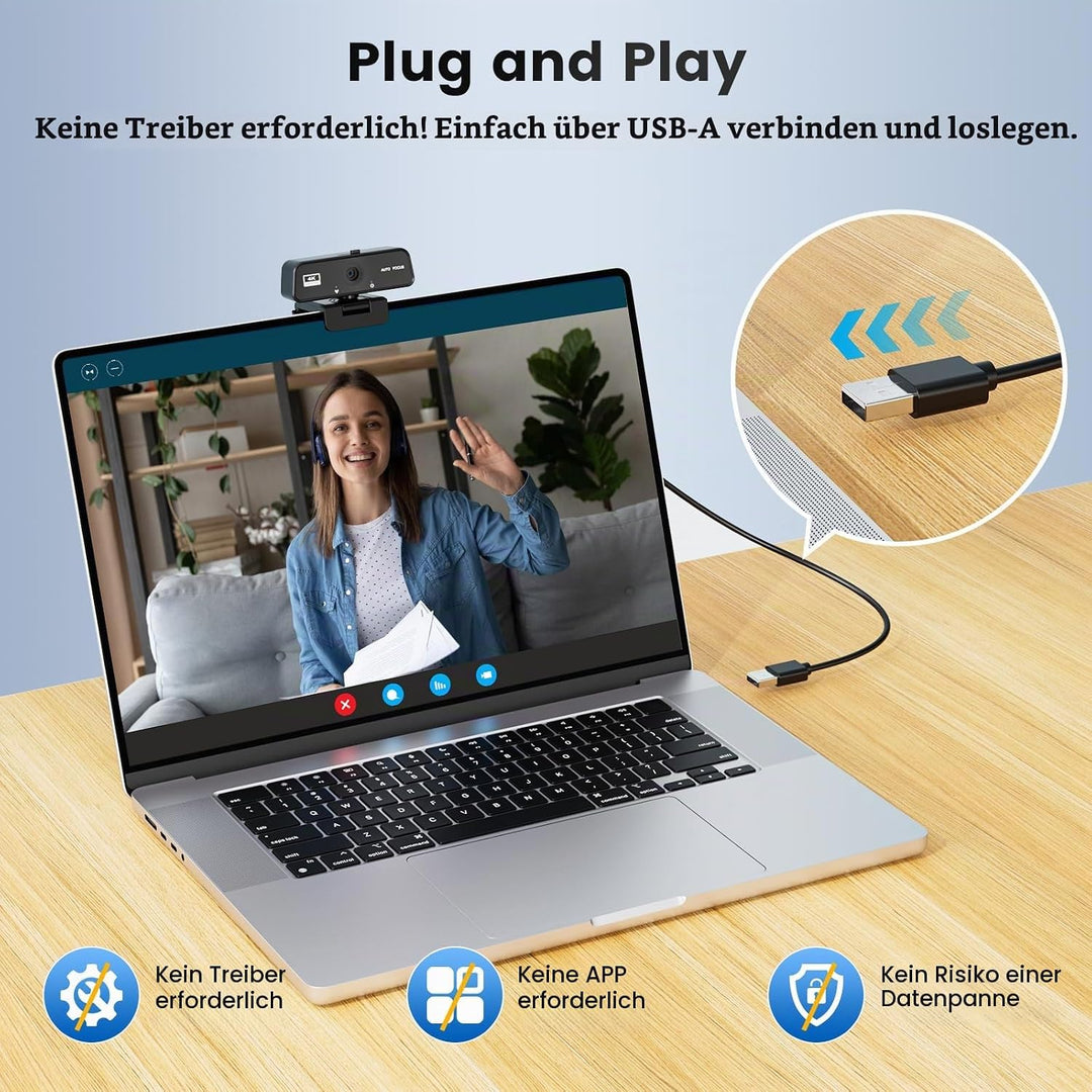 4K Webcam mit Autofokus – Ultra HD Streaming Kamera mit Integriertem Mikrofon &amp; Automatischer Lichtk