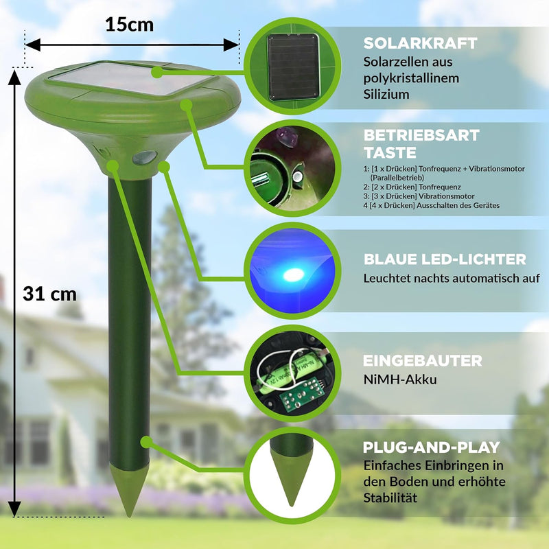 ISOTRONIC Solar LED Maulwurfabwehr Vibrasonic mit Vibrationsmotor 3er Set solarbetrieben Wühlmausfre