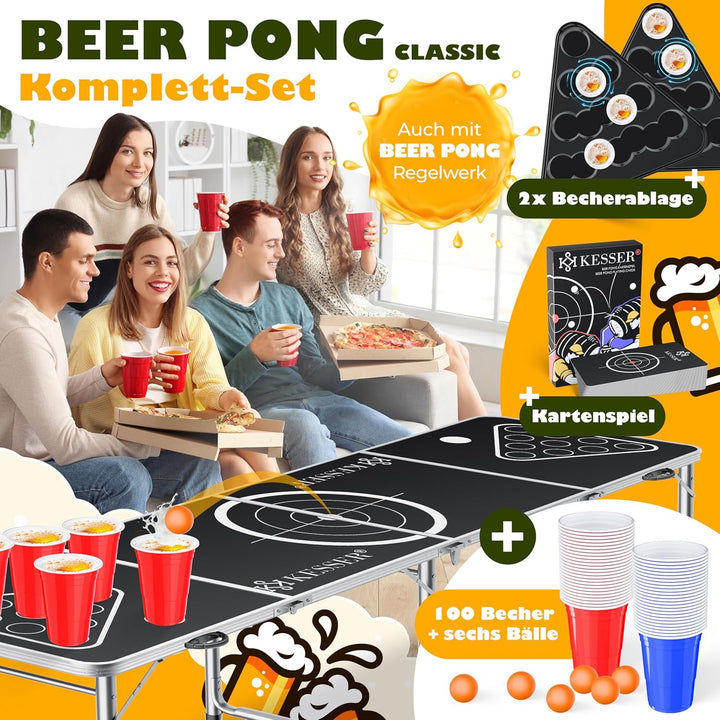 KESSER® Bier Pong Tisch Set mit Kartenspiel Trinkspiel - inkl. 100 Becher (50 Rot & 50 Blau), 6 Bäll