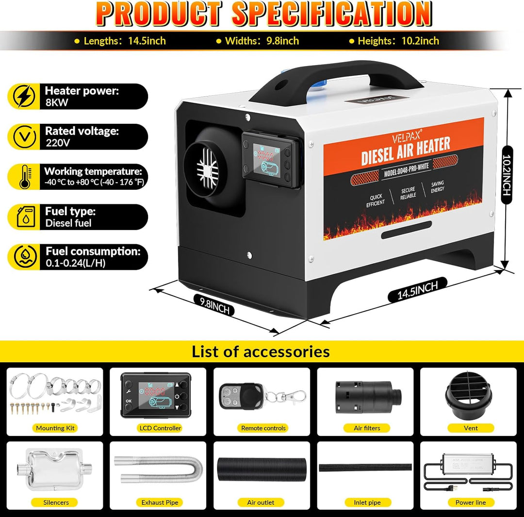 8 kW Dieselheizung,12V/24V DC & 110V /240V AC Diesel Standheizung,mit Fernbedienung & Anzeigebildsch