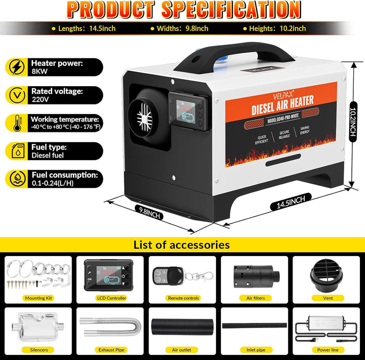 8 kW Dieselheizung,12V/24V DC & 110V /240V AC Diesel Standheizung,mit Fernbedienung & Anzeigebildsch