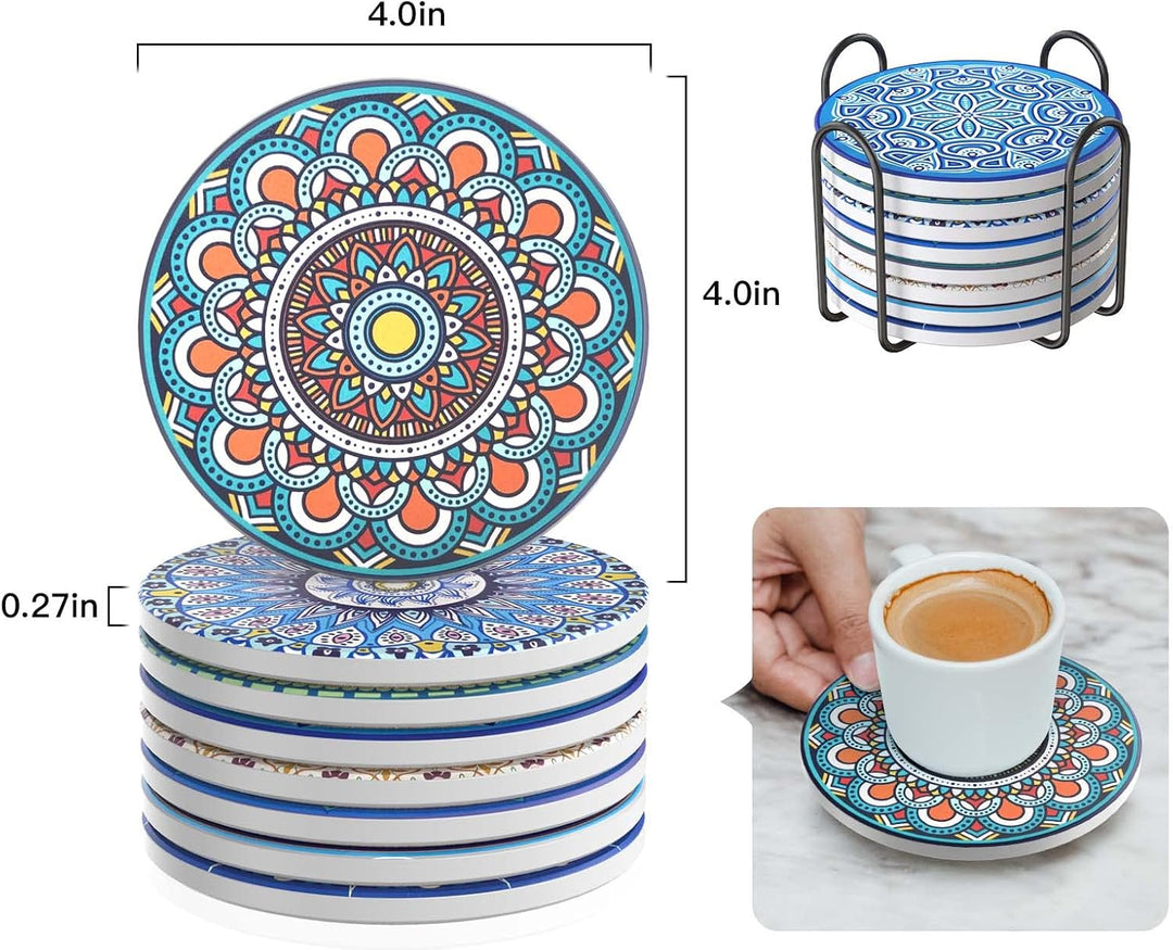 Untersetzer Getränke-8er Set Saugfähig Kork Keramik Glasuntersetzer,mit Metallhalter 4 Zoll Mandala-
