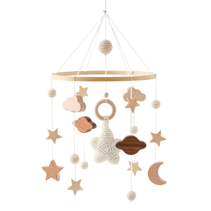 Babybett Mobile Baby Windspiel, Mobile Baby Holz mit Filzbällen und Wolken Ornament Kinderzimmer Hän
