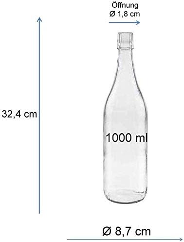 mikken 6X Glasflasche 1 Liter mit Bügelverschluss aus Porzellan inkl Trichter, Transparent Single, S