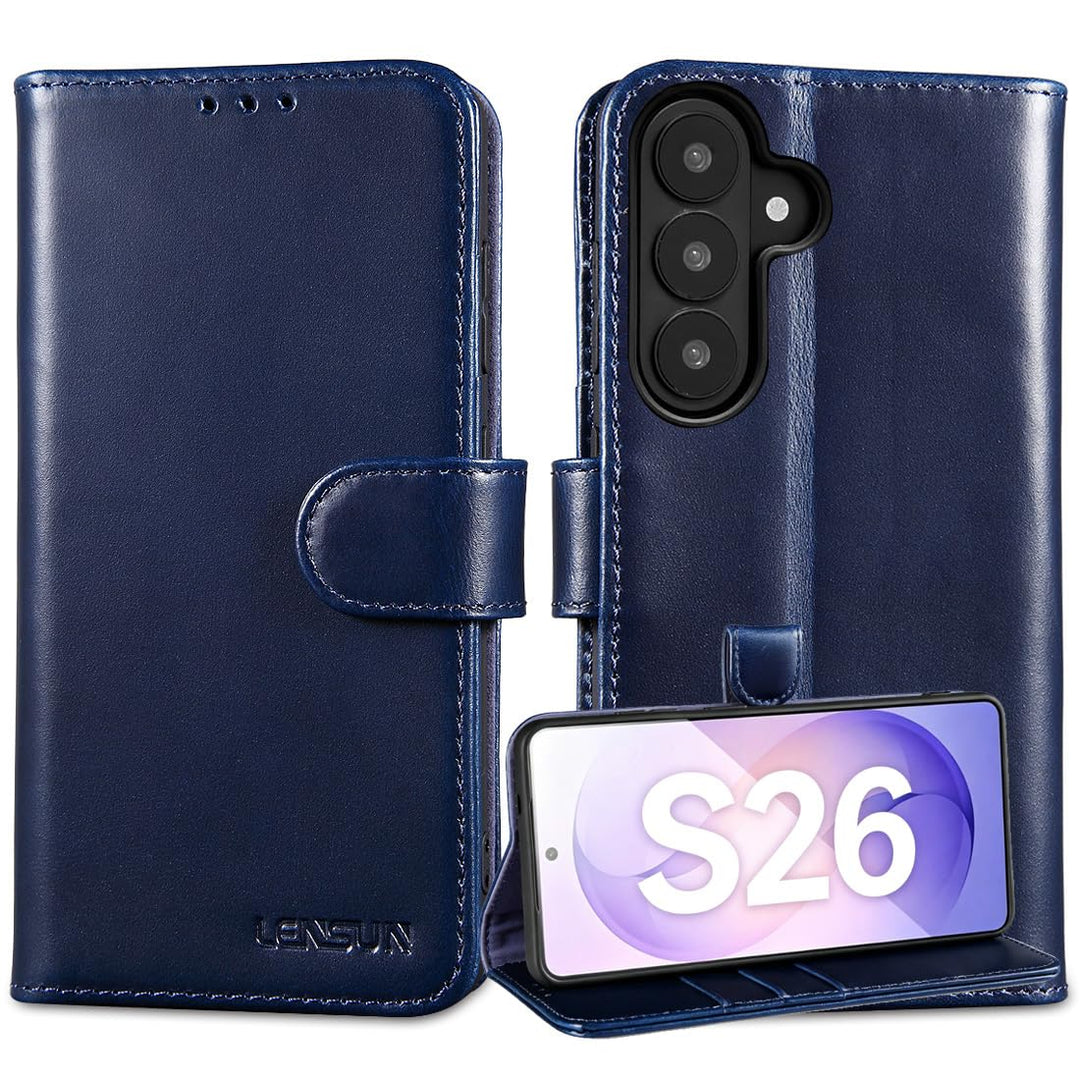LENSUN Echtleder Handyhülle für Samsung Galaxy S26 5G, Lederhülle [Brieftasche][Bookstyle][Premium L