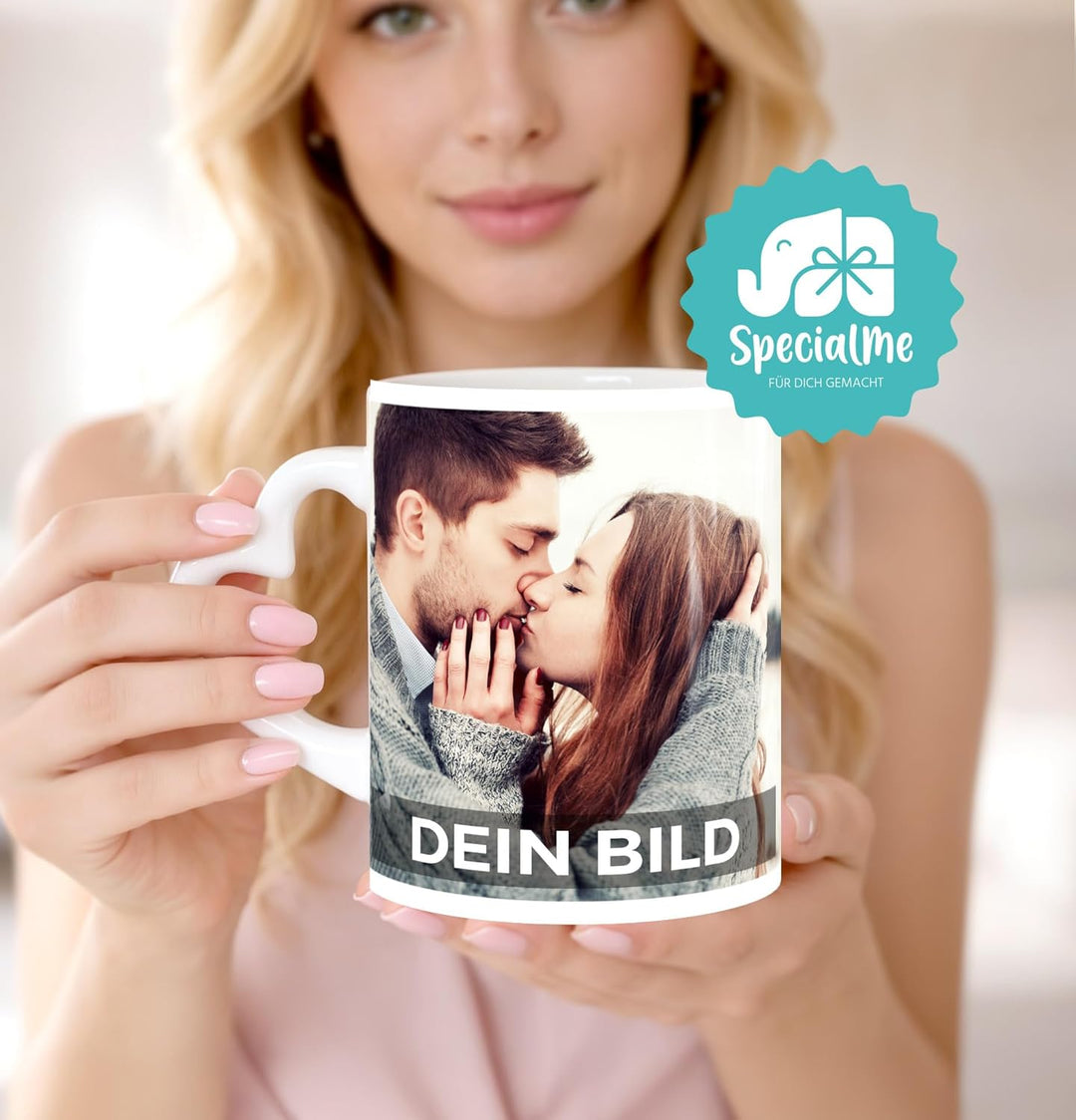 Fototasse mit Herzhenkel personalisiert mit eigenem Bild und Text Fotogeschenk Liebe Valentinstag We