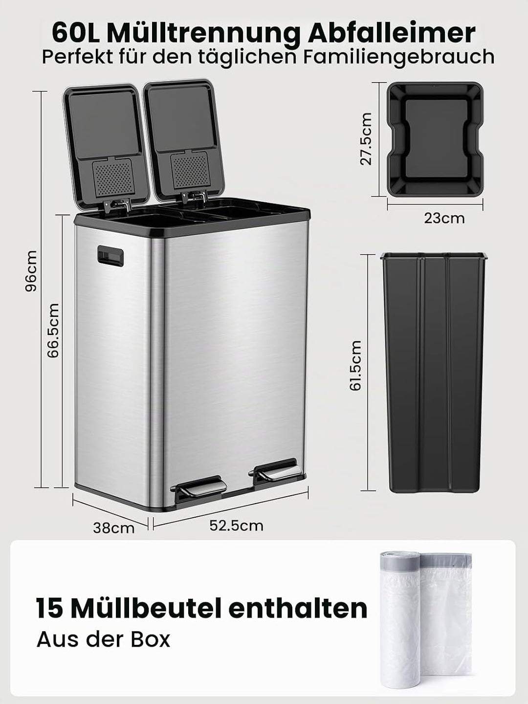 YEAUPE PRO Mülleimer Küche 2x30L Edelstahl, 60L Doppel Treteimer Mülltrennung, Abfalleimer mit Soft