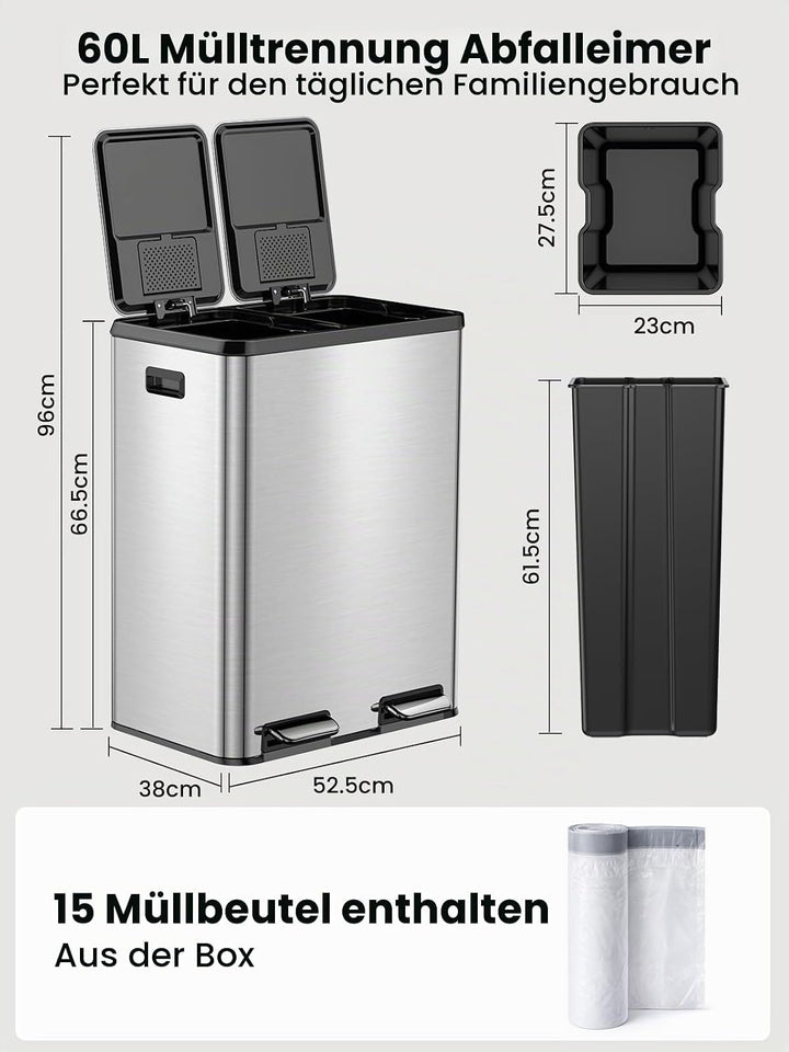 YEAUPE PRO Mülleimer Küche 2x30L Edelstahl, 60L Doppel Treteimer Mülltrennung, Abfalleimer mit Soft