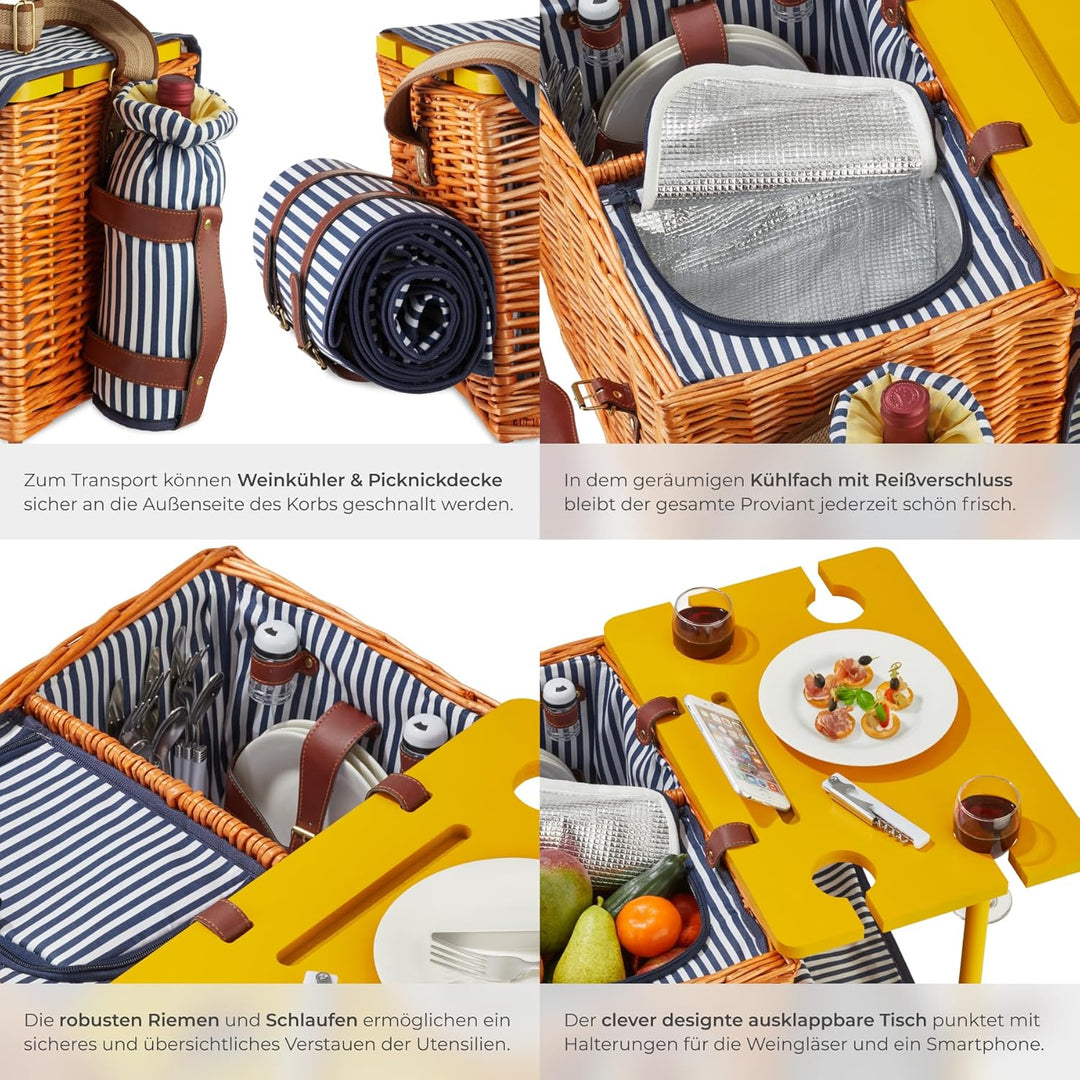 tectake® Picknickkorb und Picknickdecke 4 Personen, befüllter Picnic Basket Weidenkorb für Ausflug,