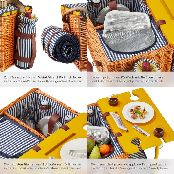 tectake® Picknickkorb und Picknickdecke 4 Personen, befüllter Picnic Basket Weidenkorb für Ausflug,