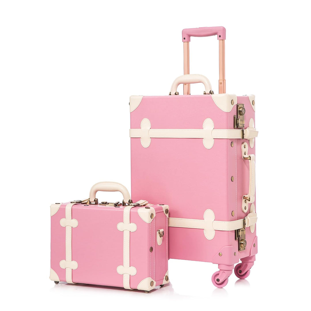 Unitravel Vintage Koffer Set 2 Teilig, Retro PU-Leder Handgepäck Koffer mit Kosmetikkoffer, Hell Ros