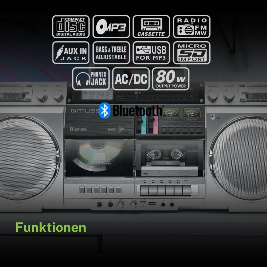 MUSE M-380GBS Retro Kassetten Boombox mit CD-Player, AUX und Bluetooth, Smartphone kompatibel, Kasse
