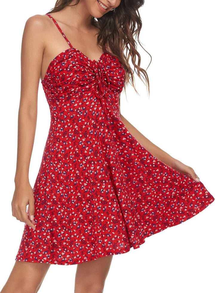Missufe Damen Sommerkleid Swing Blumenkleid Freizeitkleid Spaghettiträger Cami Kleider XS Rot, XS Ro