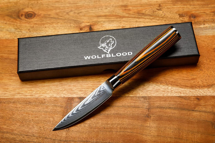 Wolfblood Damastmesser Schälmesser S (20cm) TÜV geprüfter 62 HRC Damaststahl aus 67 Lagen I Obstmess