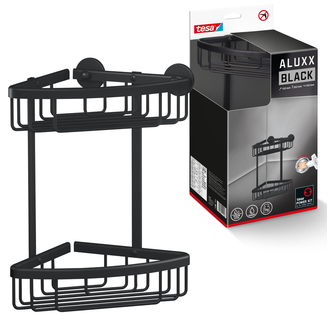tesa ALUXX BLACK zweistöckige Eck-Duschablage zur Wandmontage ohne Bohren, schwarz matt - für Bäder