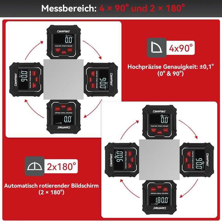 GemRed Digitaler Winkelmesser mit VA-LCD-Display, Neigungsmesser digitale Wasserwaage mit Magnetfuss