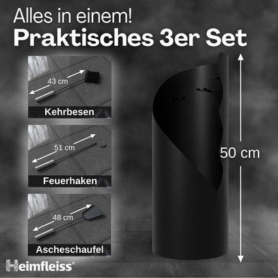 Heimfleiss® Kaminbesteck Schwarz Modern | Ofenbesteck Kaminbesteck Set | Kaminzubehör mit Edelstahl