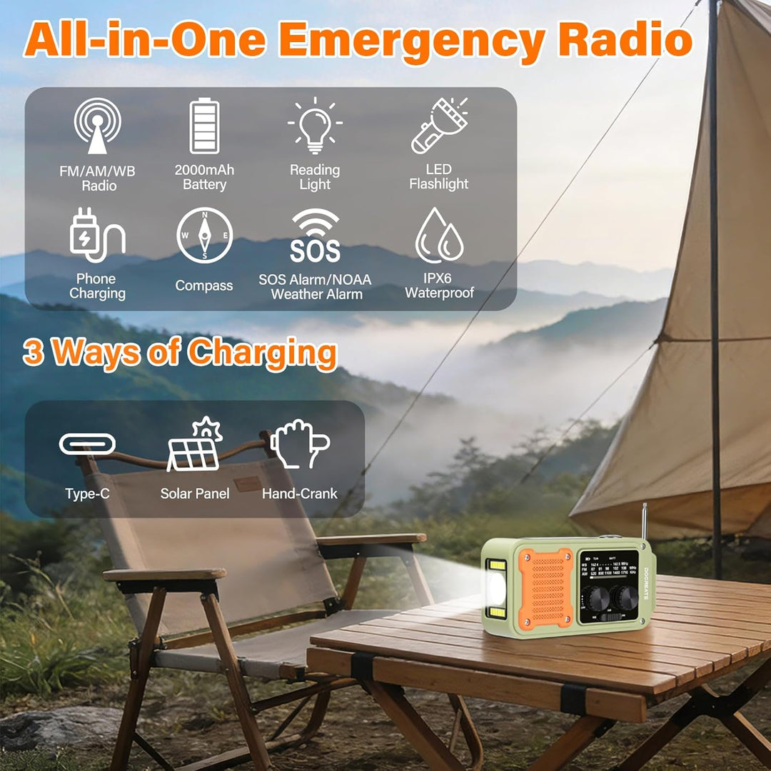 diymore Kurbelradio 2000mAh, Notfallradio mit Kurbel und Solar mit FM/AM/WB, Power Bank, LED Camping