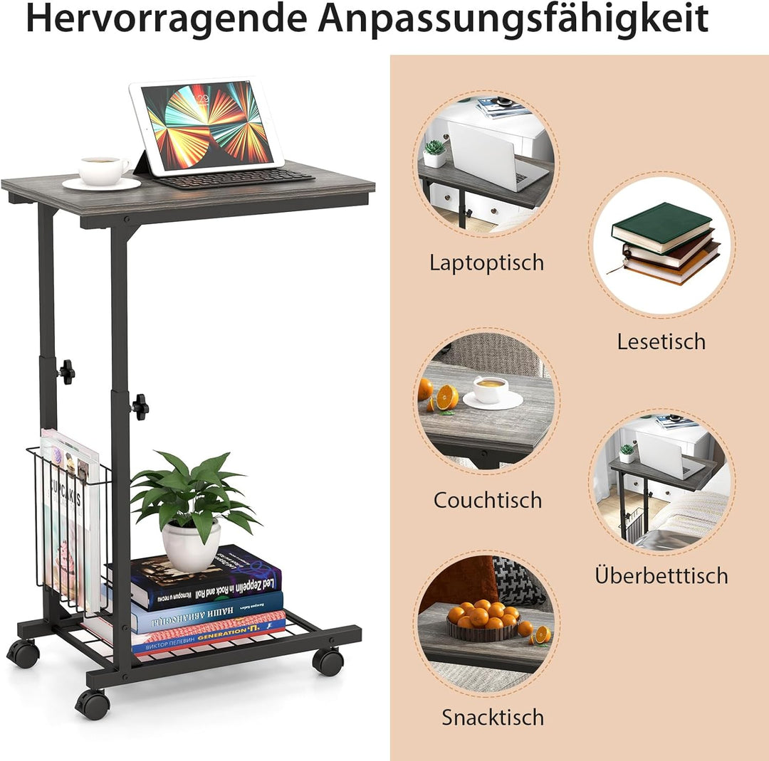 COSTWAY Beistelltisch mit Rollen, Laptoptisch höhenverstellbar, mit Aufbewahrungskorb, Sofatisch C-F