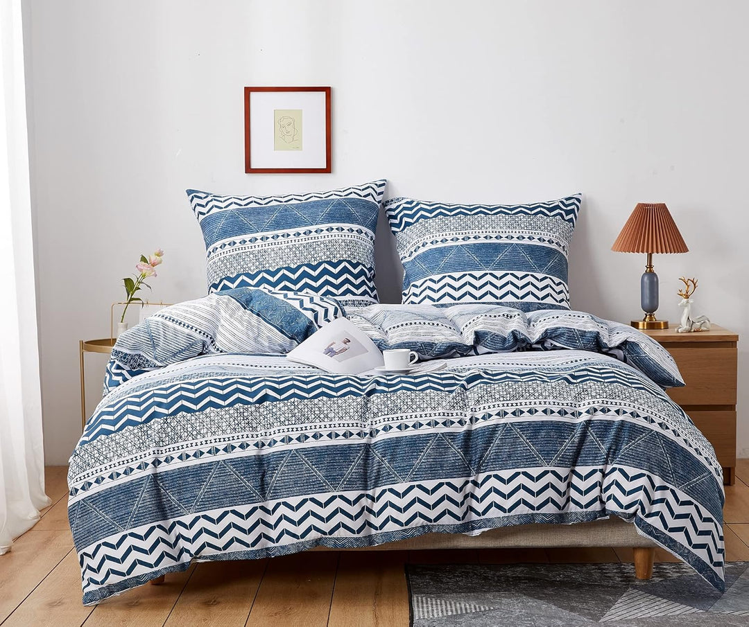 Damier Bettwäsche 135x200 Blau Weiss Geometrisch Gestreift Muster Bettbezug Set Microfaser Streifen