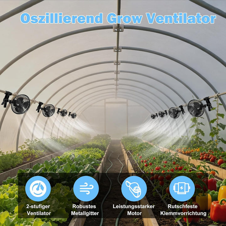 Oszillierender Grow Ventilator mit 2 Stufen, Clip Lüfter 20W | Stabiler Metallschutzgitter, Hitzebes