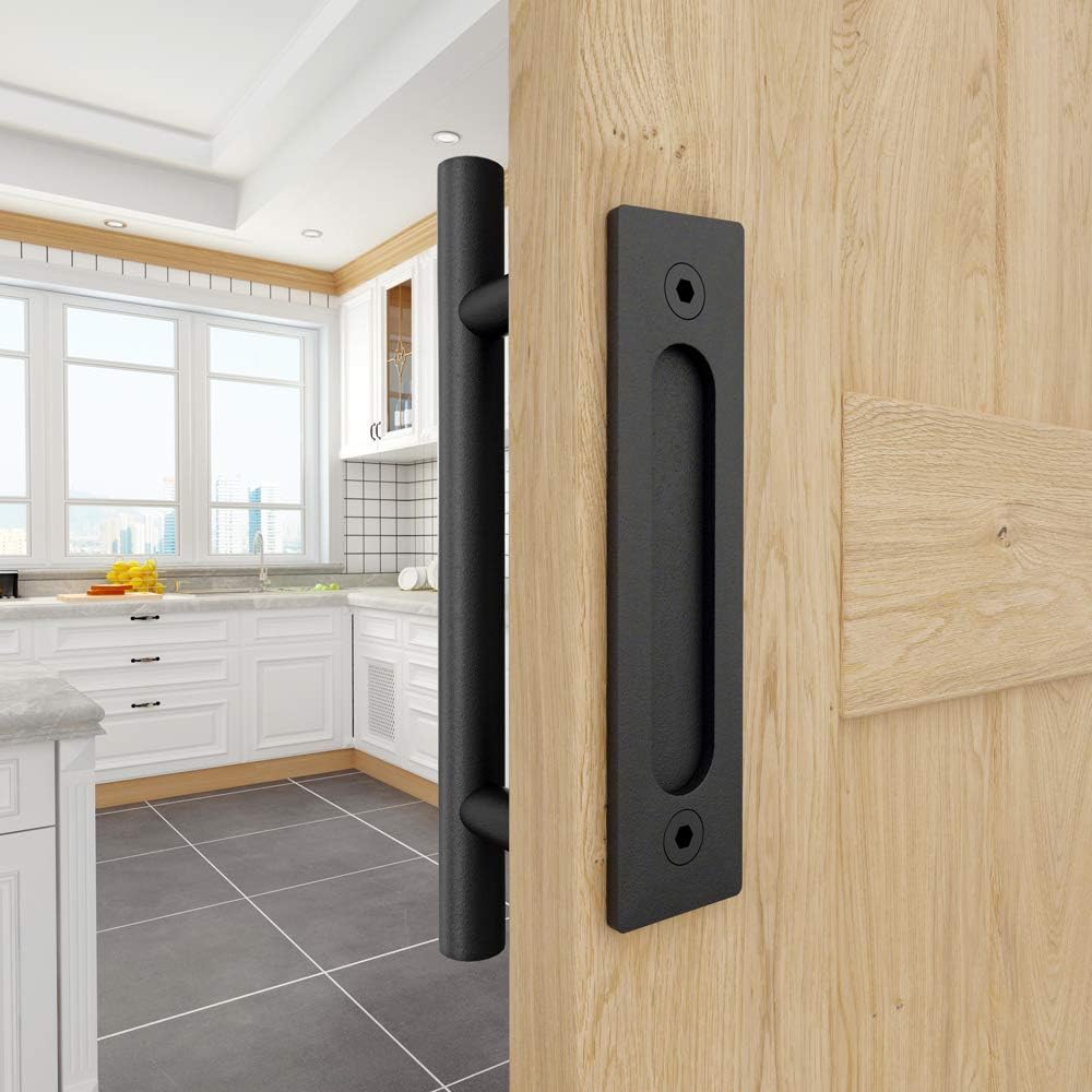 WINSOON 2 Pack 30 cm/12 inch Barn Door Handle Hardware Black with Flush Finger Pull, Large Rustic, P