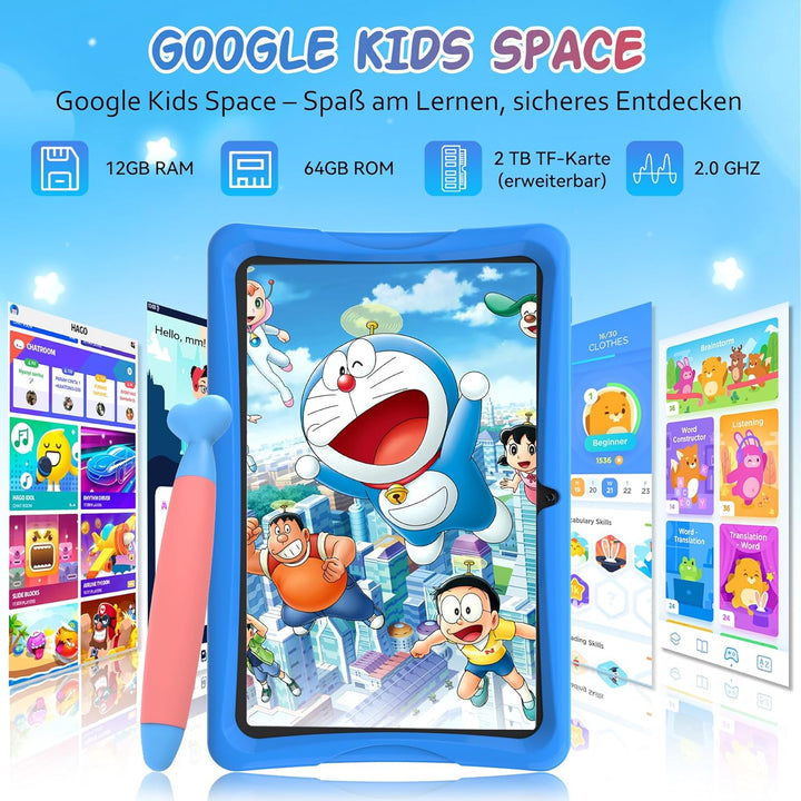 TABWEE K10 Kinder Tablet 10 Zoll, 12 GB RAM + 64 GB ROM (TF 2 TB) Kids Tablet mit Elternkontrolle, S