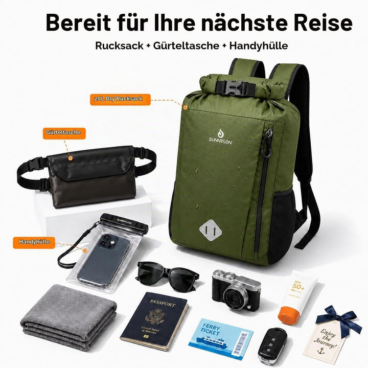 Dry Bag Rucksack,20L IPX8 wasserdichte Rucksack Rolltop mit Handyhülle,Wasserfester Tasche Schwimmen