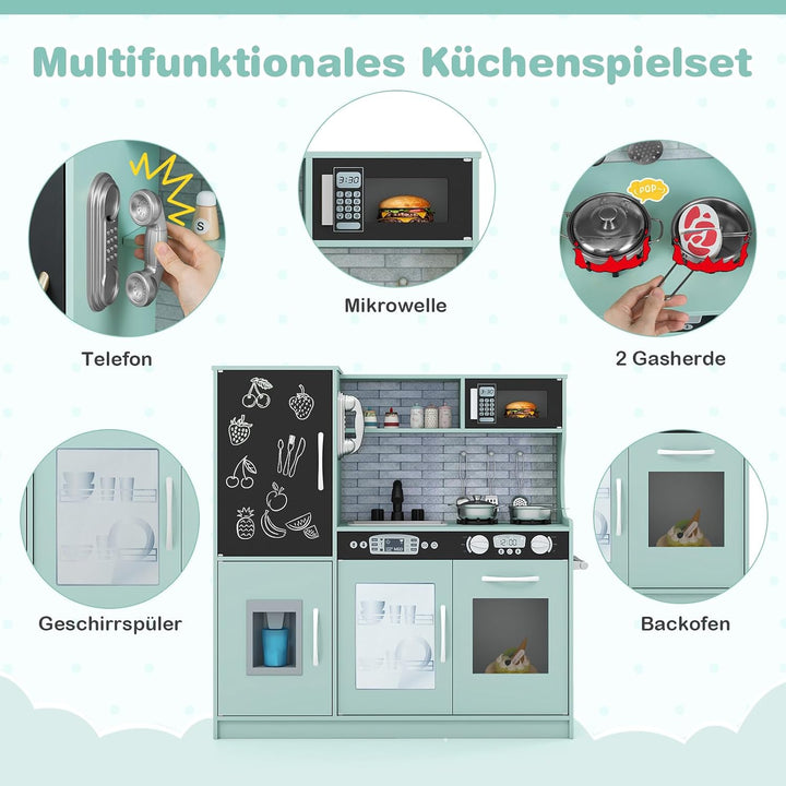 COSTWAY Kinderküche inkl. Zubehör, Spielküche Holz mit Tafel &amp; Mikrowelle &amp; Eismaschine, Spielzeugkü