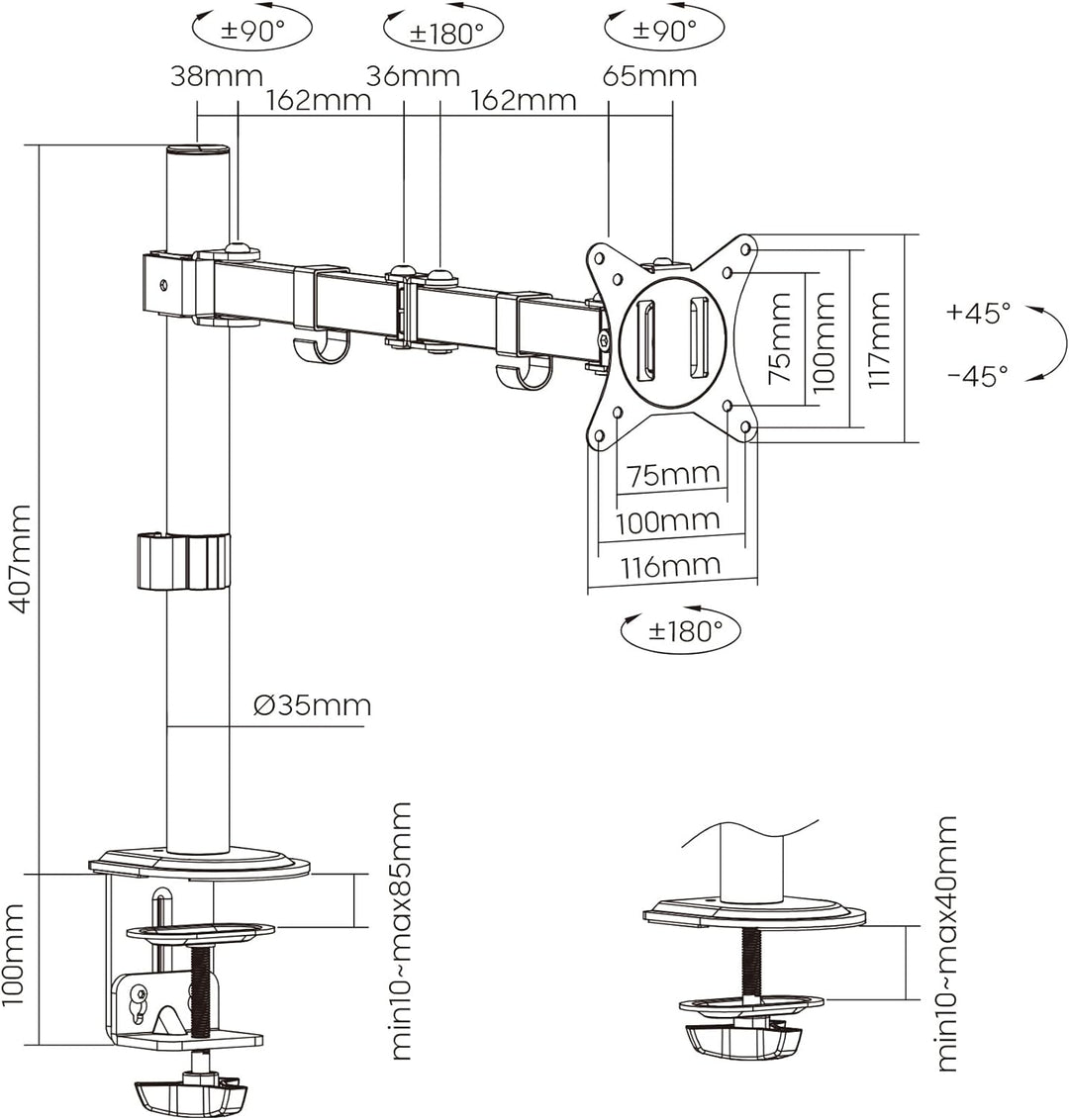 Ewent EW1510 Monitor Halterung 1 für 13-27 Zoll Flach Bildschirm, Einzelner Arm für MonitorPC, mit K