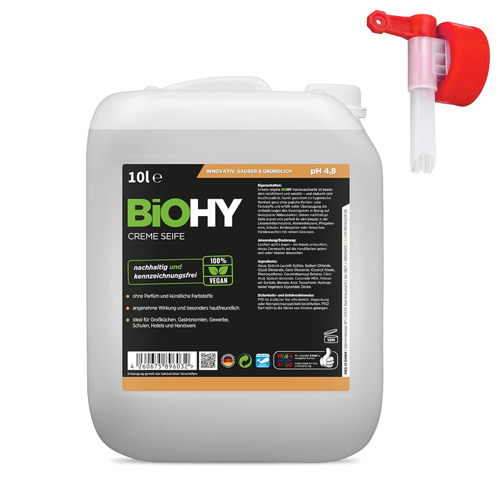 BiOHY Creme Seife (10 Liter Kanister) + Auslaufhahn | Hautschonende, rückfettende & geruchsneutrale