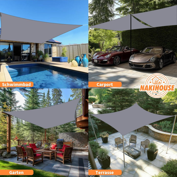NAKIHOUSE Sonnensegel Wasserdicht mit Befestigungs Kit, 3 x 4 m UV Schutz Sonnenschutz Segel für Gar