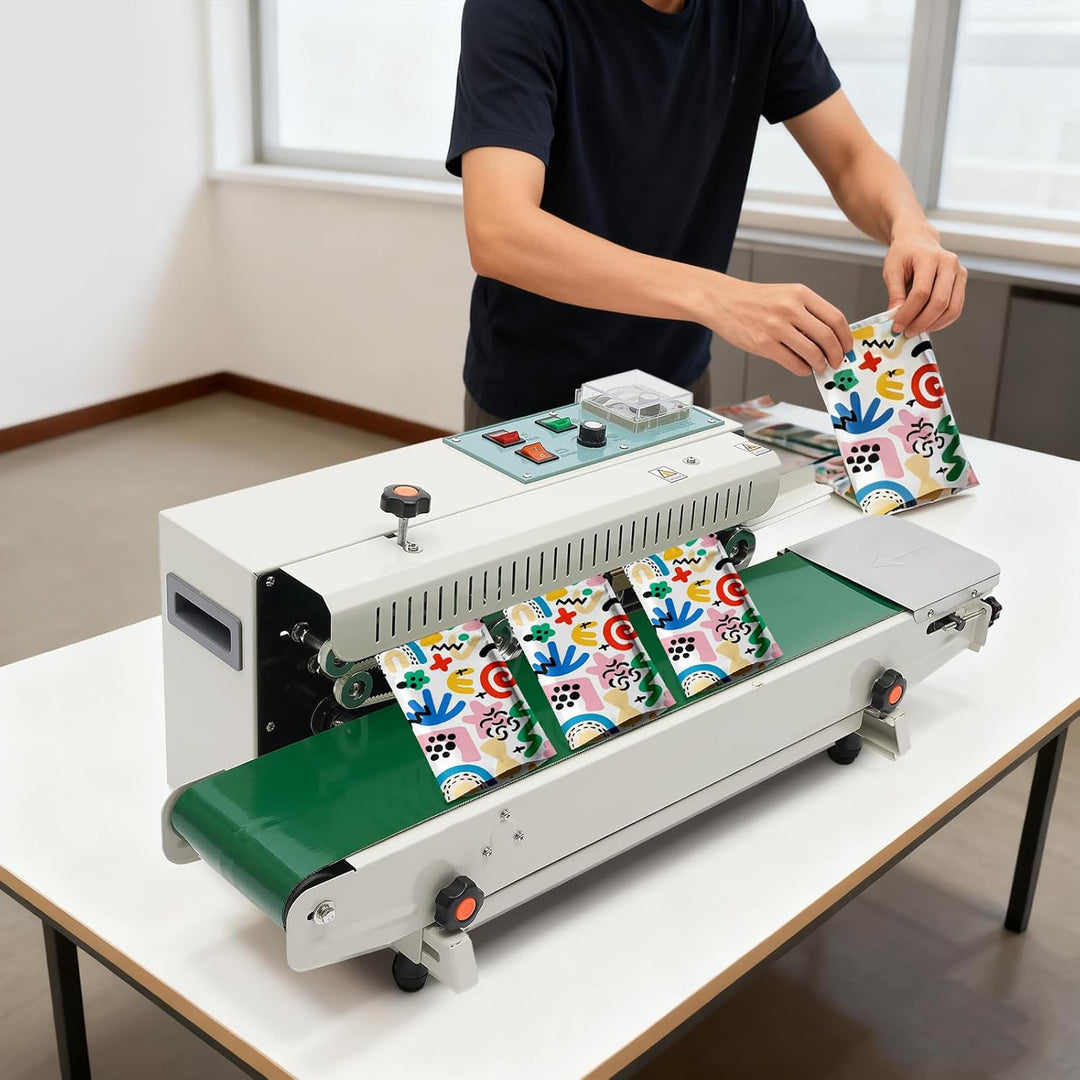 Sealing-Sealer-Machine | 0-12m/min Förderband, integrierter Prägedrucker für Datum, 0-300°C Temperat