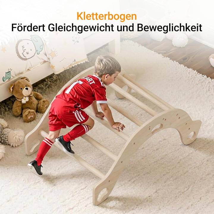 COSYLAND Montessori Kletterbogen mit Kissen, Kletterbogen ab 1 Jahr, Holzwippe für Kinder, Motorik-S