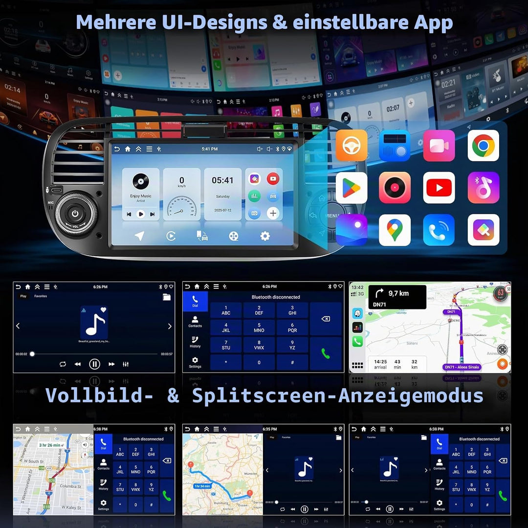 Hikity 4+128G Android Autoradio mit Bildschirm für FIAT 500 2007-2015 Wireless Carplay, Autoradio mi