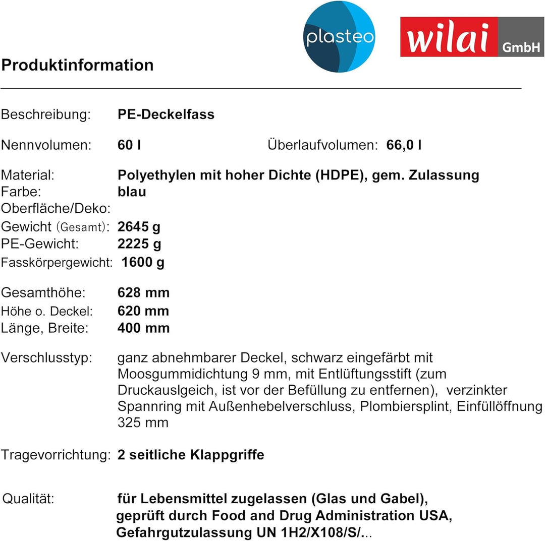 plasteo® 2 Stück: 60 L Weithalsfass mit Spannverschluss | 100% Lebensmittelecht | Universalfass | Fu