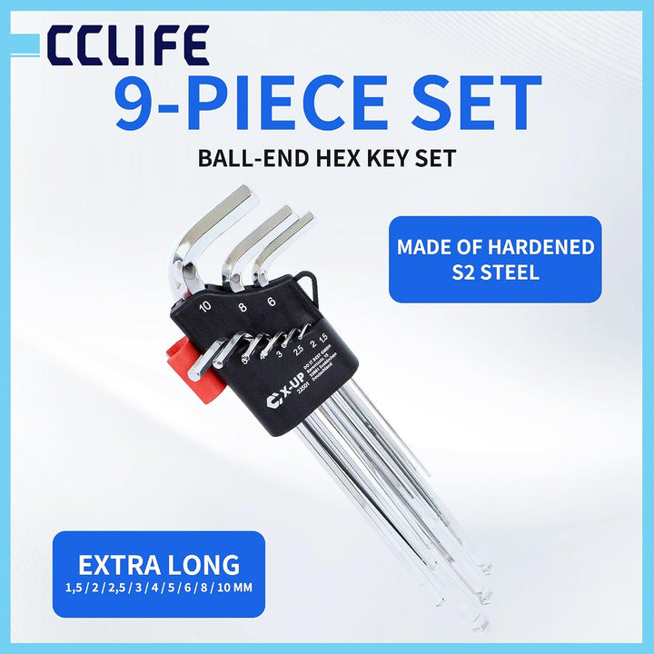 CCLIFE Innensechskantschlüssel set mit Griff Kugelkopf 10tlg | Magnetischer Kugelkopf, langer Hebel,