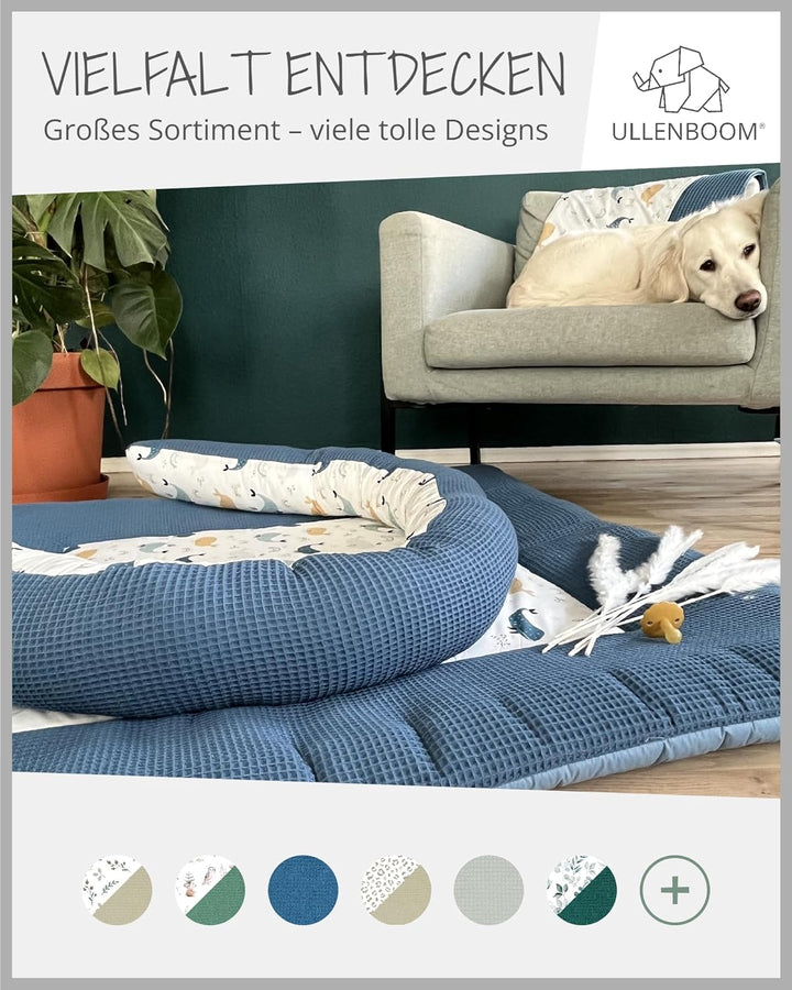 ULLENBOOM ® Babynest & Kuschelnest (55x95 cm) Blau-Wale (Made in EU) - Baby Nestchen aus Baumwolle,