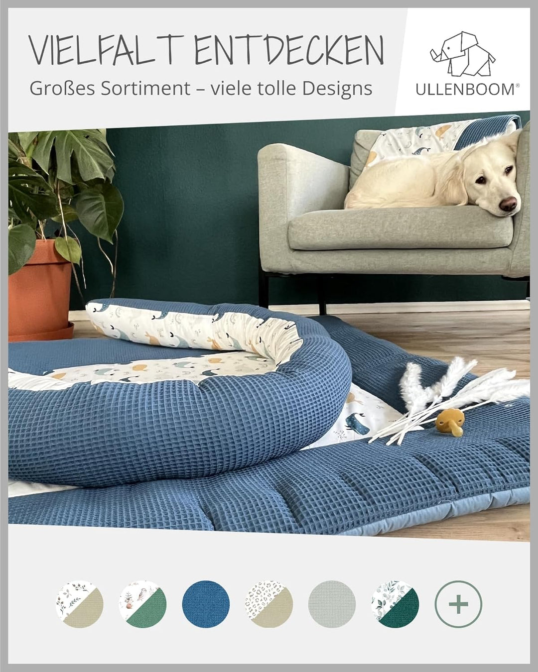 ULLENBOOM ® Babynest & Kuschelnest (55x95 cm) Blau-Wale (Made in EU) - Baby Nestchen aus Baumwolle,