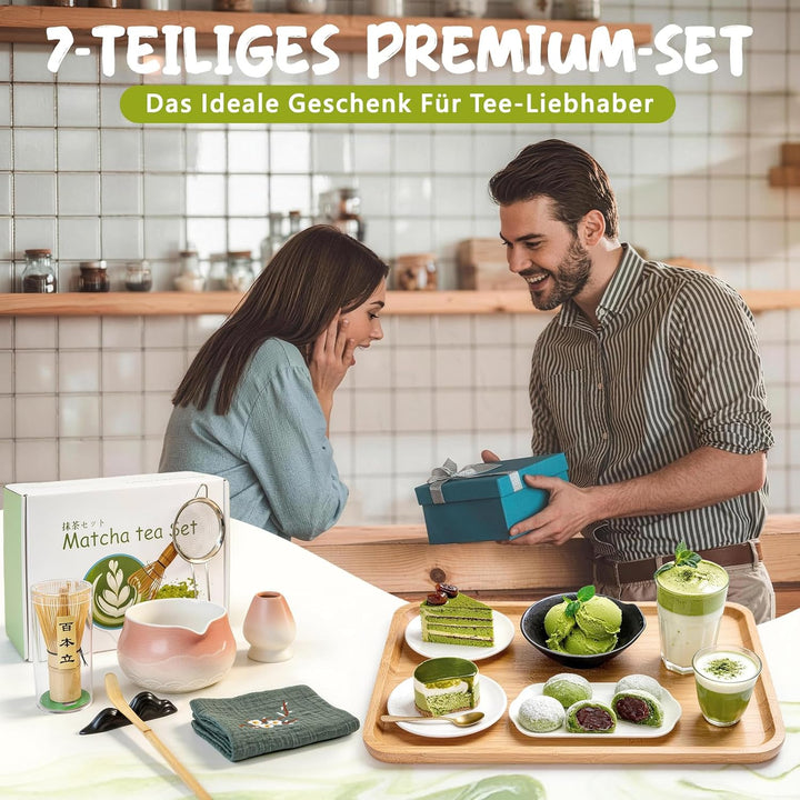 Matcha Set 7-teilig | Premium Tee-Zeremonie Set mit Matcha-Schale, Bambus-Chasen (100+ Spitzen), Hal