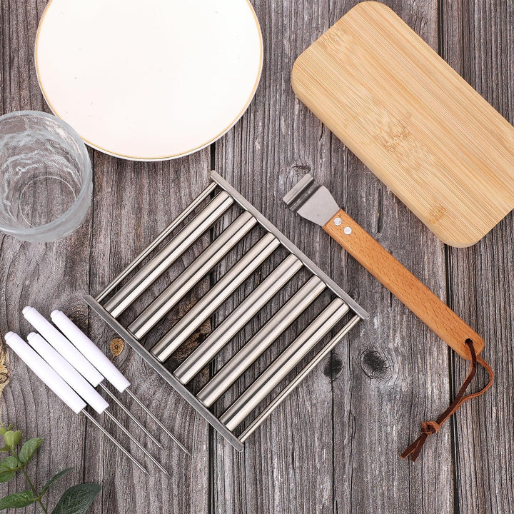 Hot Dog Roller, Edelstahl Wurstrollerständer mit 4 Gabeln und Holzgriff zubehör für grillplatte Wurs