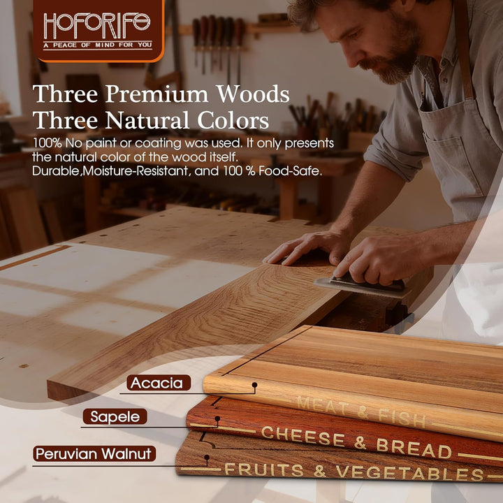 Buchförmige Holzschneidebretter Set, 3-teilig, Klassischer Holzton | Akazie, Sapele, Peruanischer Nu