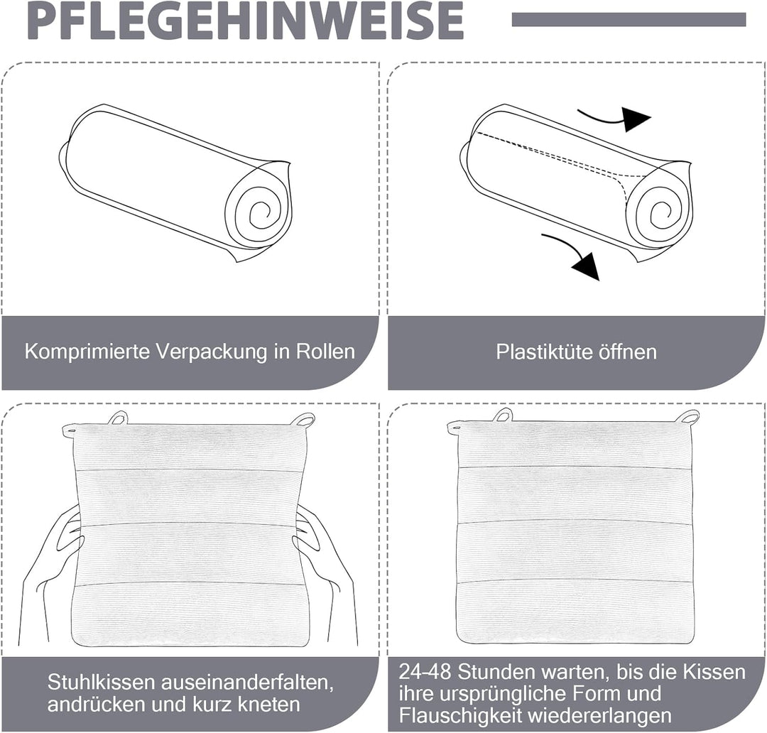 Dicke Sitzkissen 2er Set Cord – Stuhlkissen mit Rutschfester Unterseite & Bindebändern, Stuhlauflage